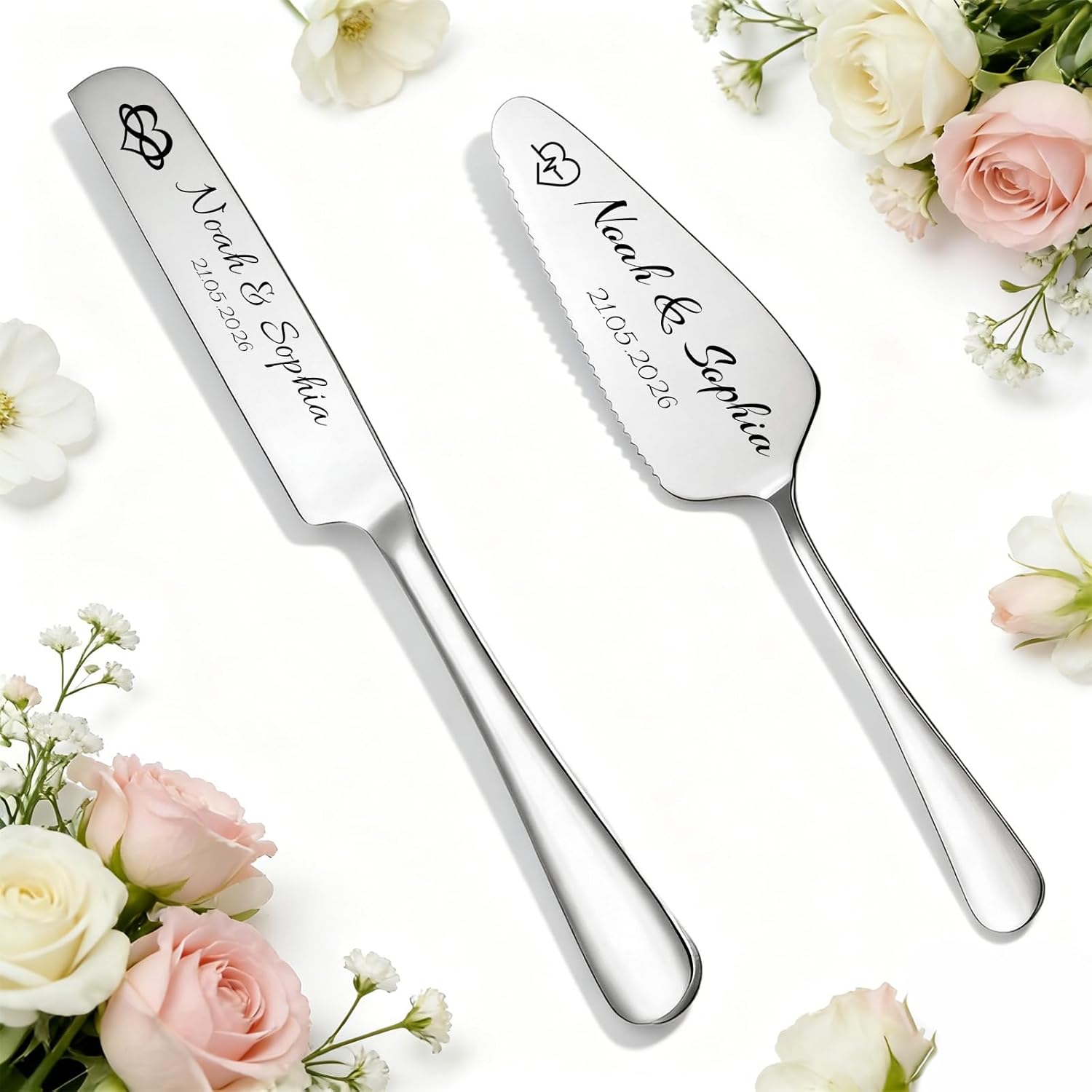 Set de Cuchillo y Pala para Pasteles Personalizado con Grabado (Bodas, Comuniones, Bautizos, etc)
